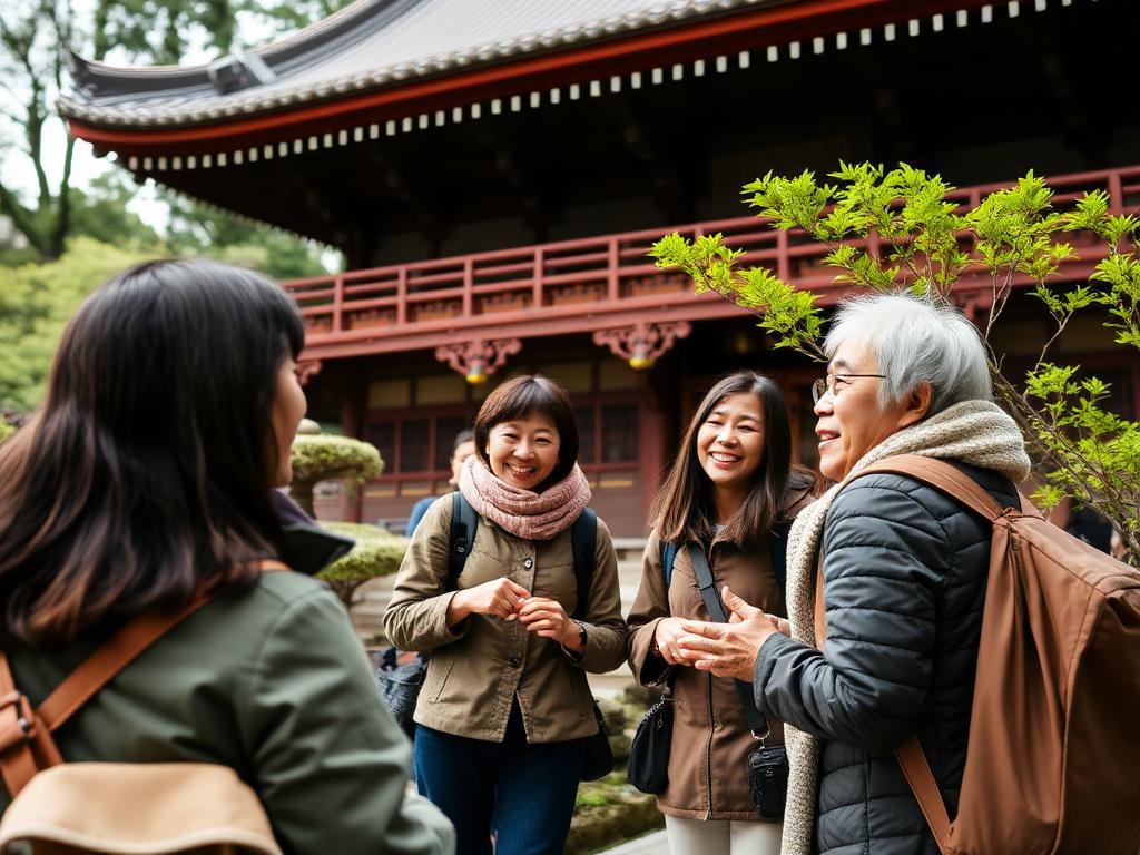 Nippon Tours guide sharing stories with travellers at a Kyoto temple